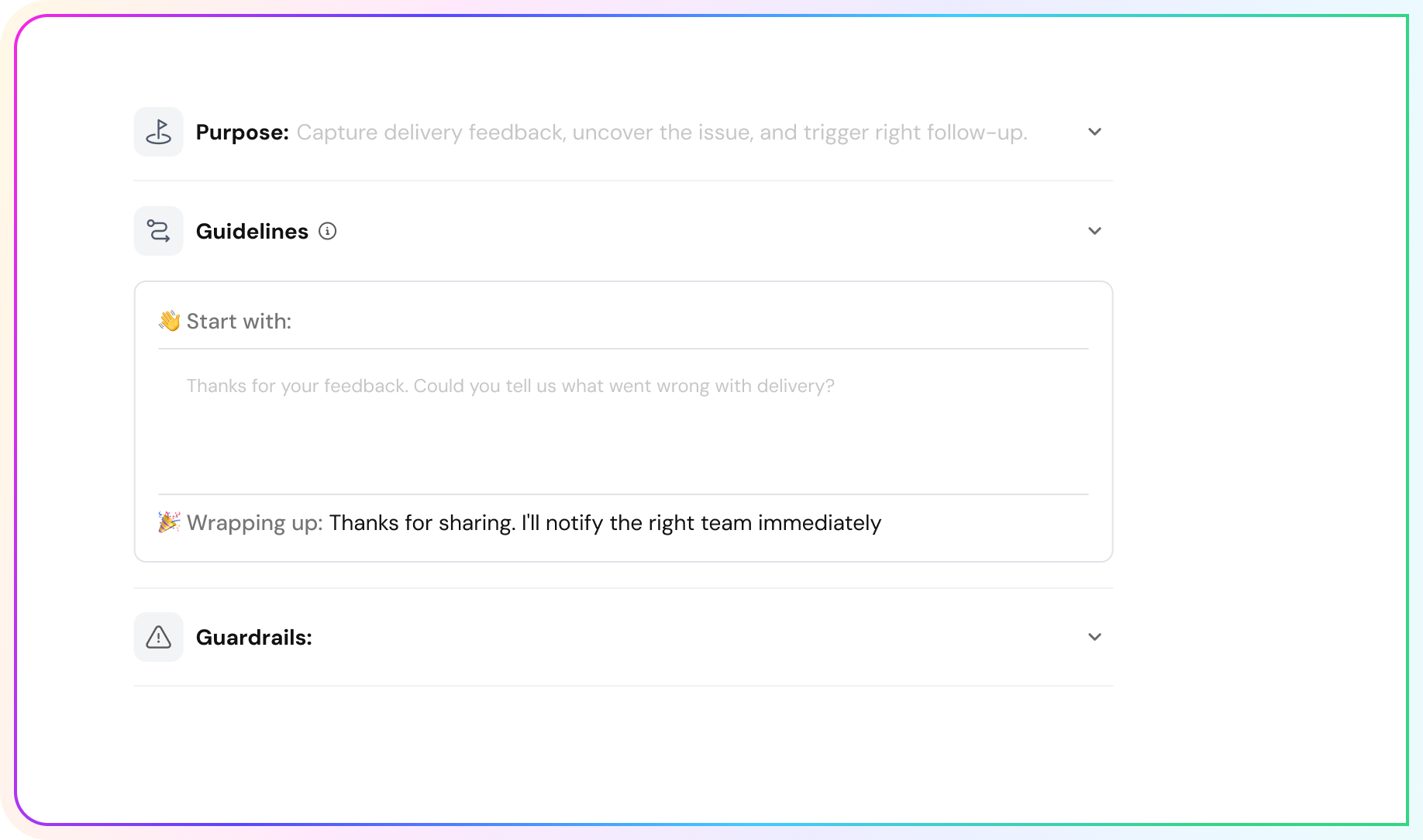 Echo agent builder showing purpose, guidelines and guardrails
