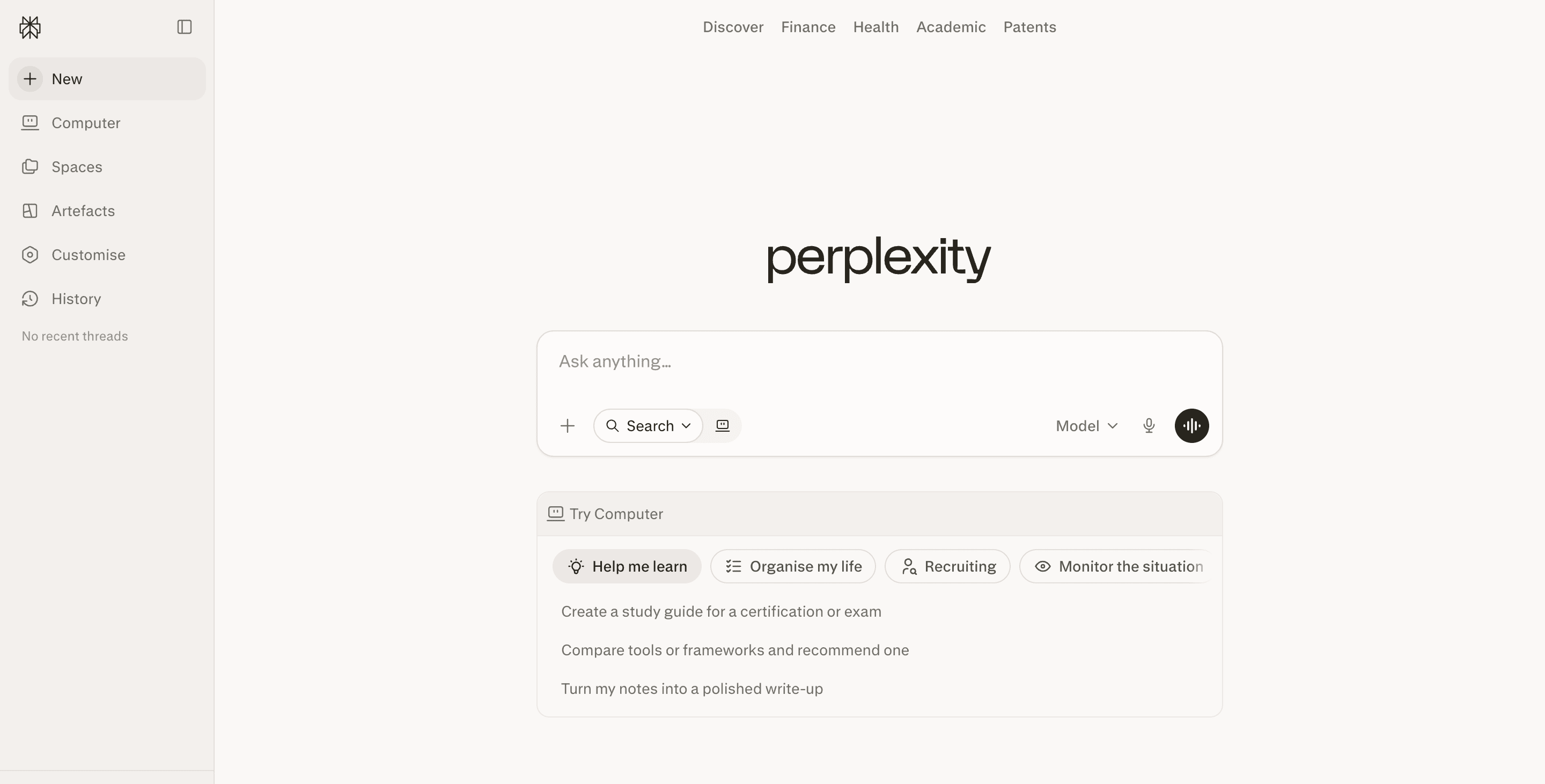 perplexity homepage