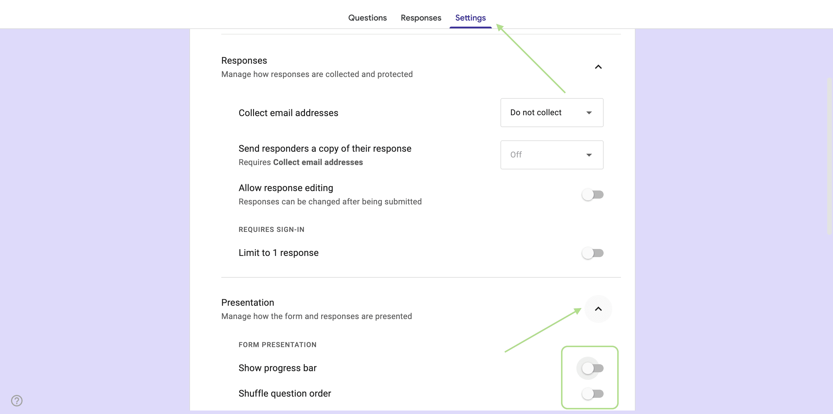 Presentation settings of Google Forms