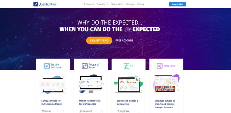 A screenshot of QuestionPro's homepage