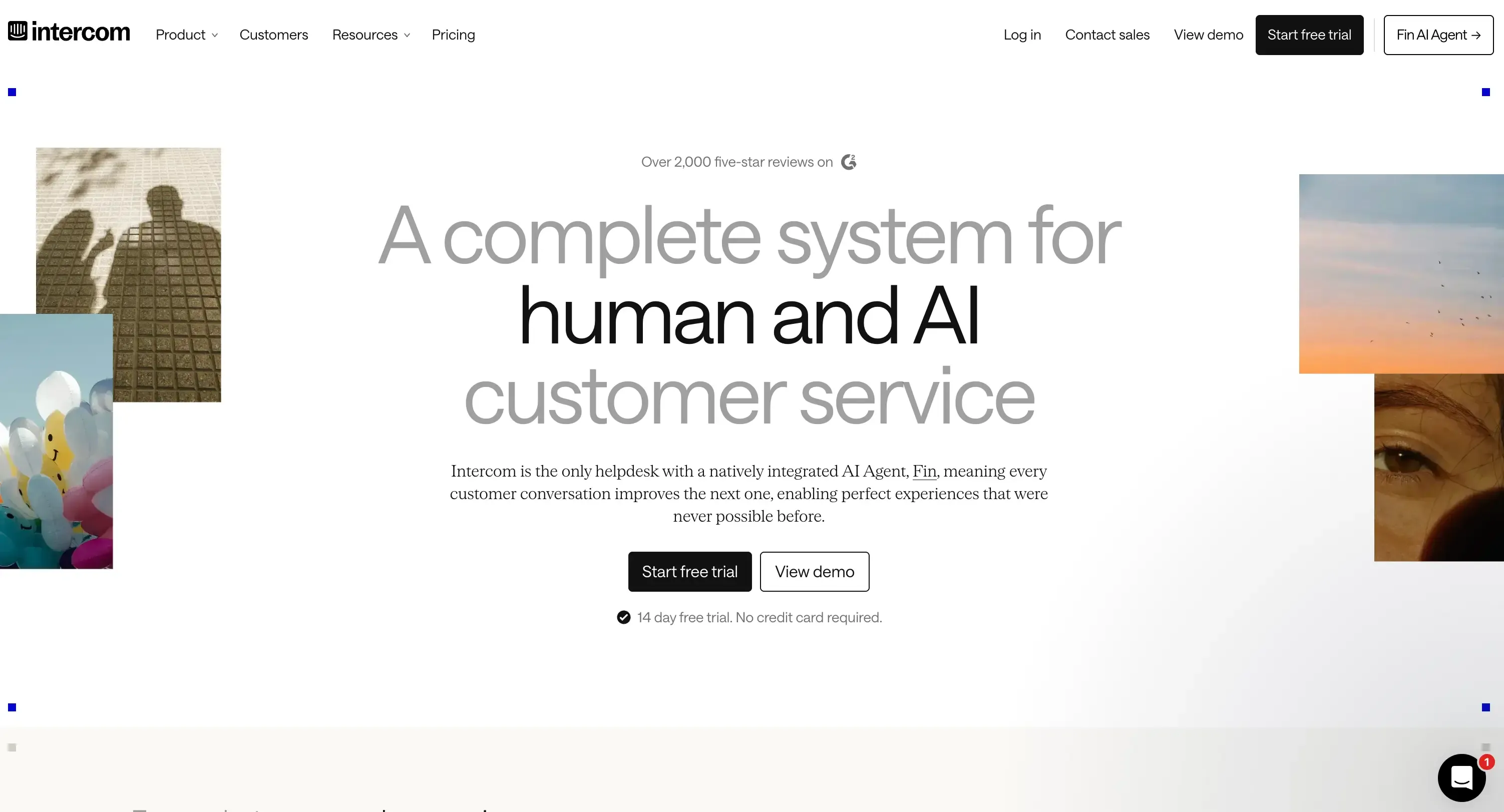 Intercom home page which explains their solutions