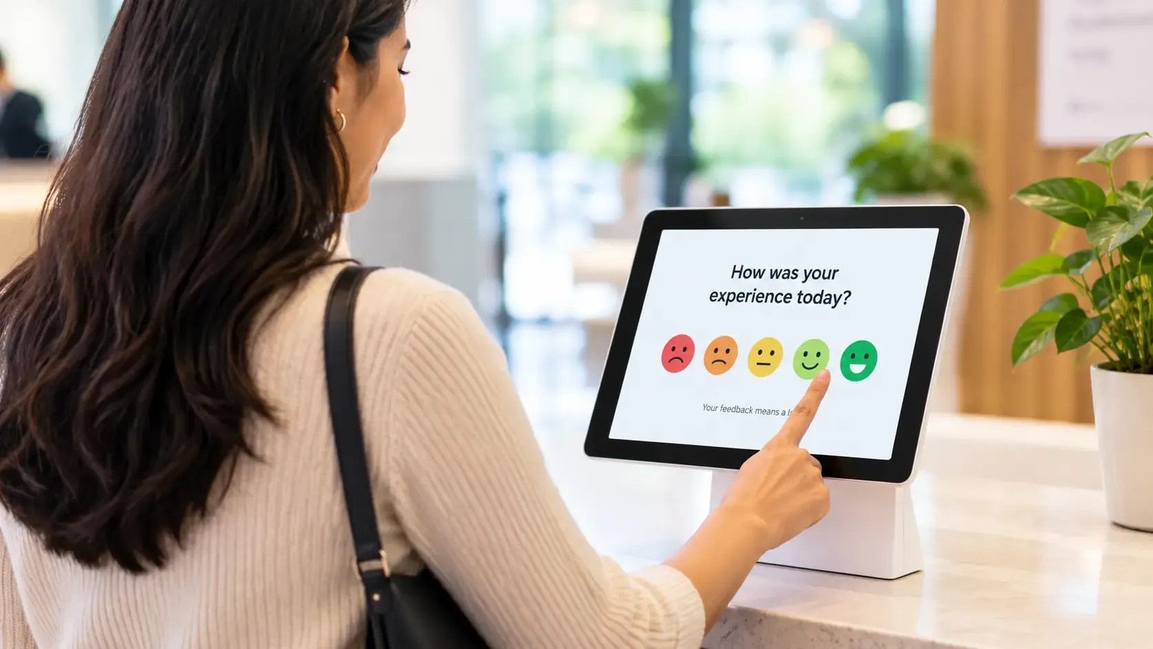 A guest interacting with an offline survey kiosk