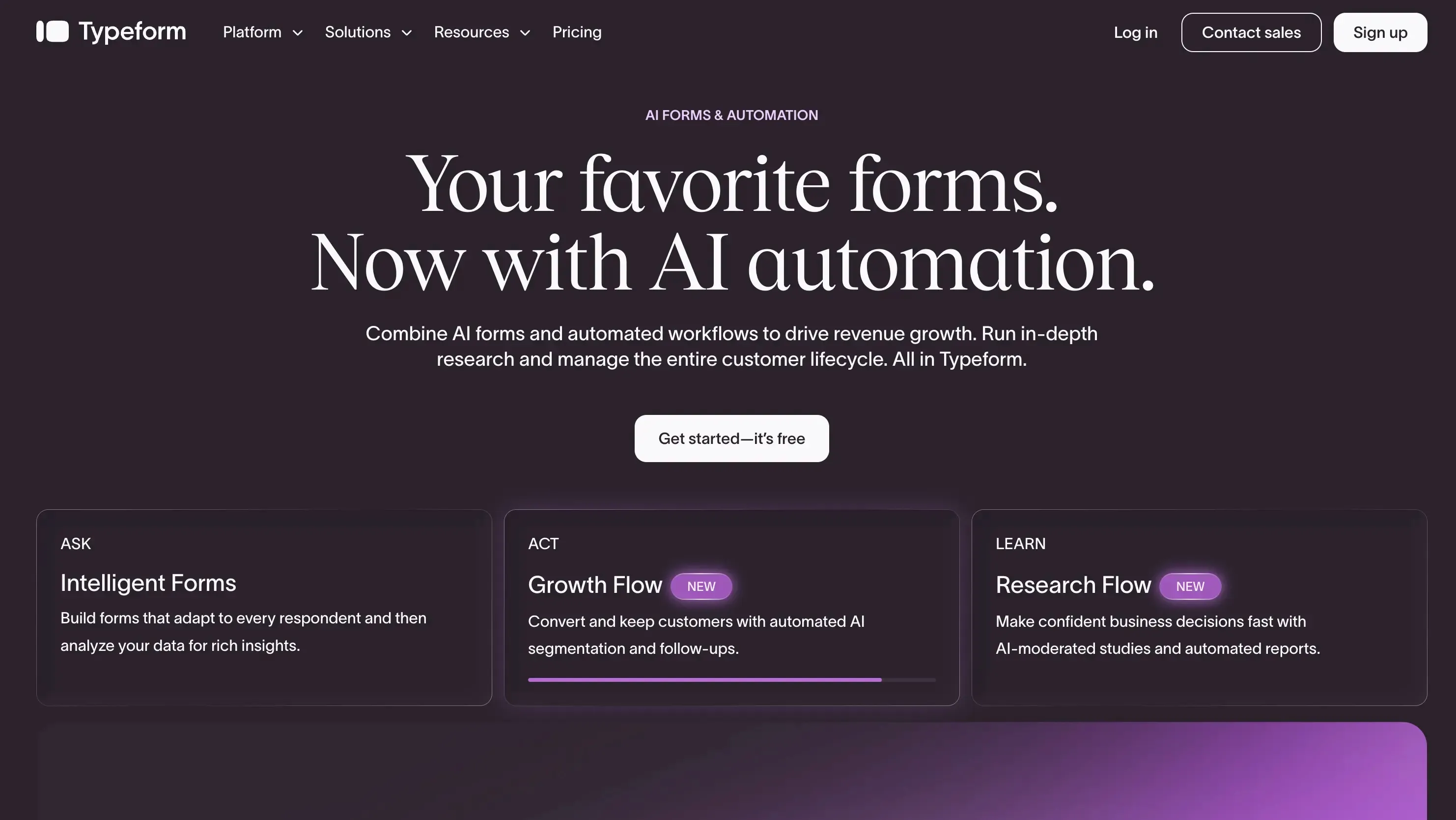 Typeform's home page which has explains their solutions